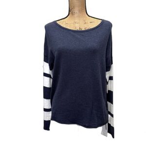 360‎ Sweater Lightweight 100% Cotton Sweater Navy Blue Stripe Sleeves Size XS